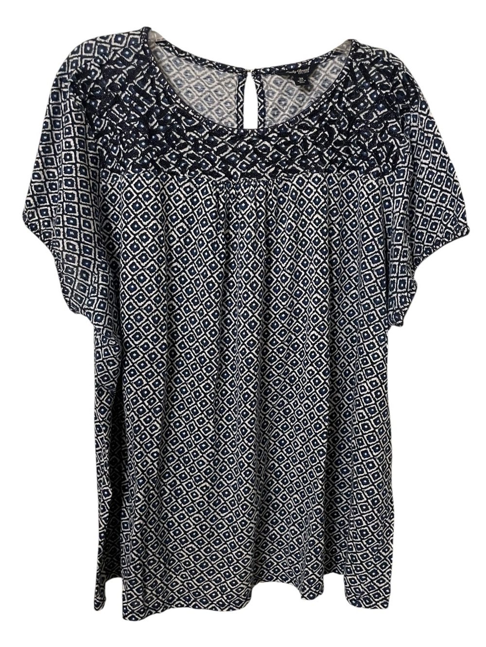 Lucky Brand B&W Blue Geometric Print Embroidered Boho Peasant Top Plus Size 3X